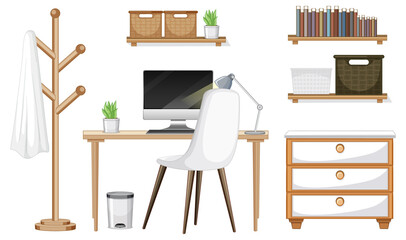 Furniture set for workspace interior design on white background