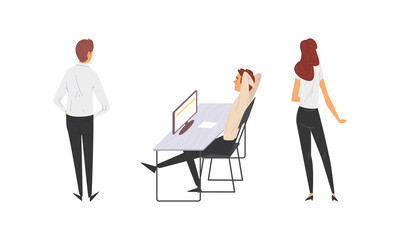 Man and Woman Office Employee at Desk with Computer Working Vector Set