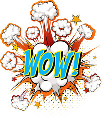 Word Wow on comic cloud explosion background