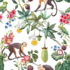 Beautiful vector seamless tropical floral pattern with cute hand drawn watercolor monkey and exotic jungle flowers. Stock illustration. © zenina