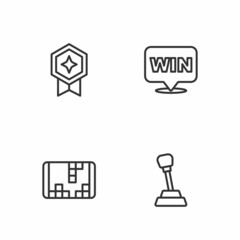Set line Gear shifter, Portable video game console, Game rating with medal and Medal icon. Vector