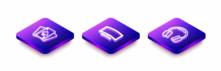 Set Isometric line Playing cards, Computer monitor and Headphones icon. Vector