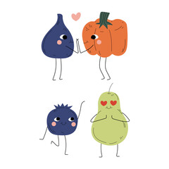 Cute Flushed Fruit and Vegetables Holding Hands Vector Set