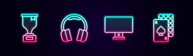 Set line Award cup, Headphones, Computer monitor and Playing cards. Glowing neon icon. Vector