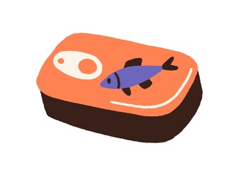Fish preserves in metal can. Tinned tuna, conserved seafood in closed sealed container. Sea food in package in doodle style. Colored flat vector illustration isolated on white background