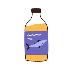 Fish oil in glass bottle. Fatty liquid of cod-liver extract, omega-3 supplement. Organic vitamin essential in package. Flat vector illustration of natural antioxidant isolated on white background