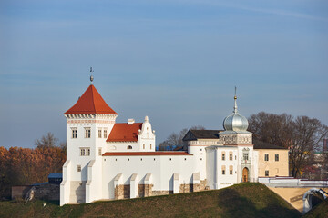 Grodno Old castle on the Castle Hill, an ancient oldest royal Castle of Belarus and church, historical monument. Building exterior in autumn Eastern European visa free city Grodno or Hrodna Belarus.