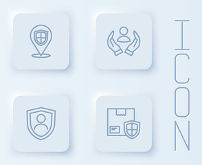 Set line Location shield, Life insurance, with and Delivery security. White square button. Vector