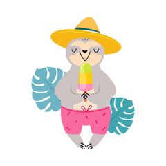 Cute African Sloth Animal in Straw Hat Eating Popsicle Enjoying Hot Summer Activity Vector Illustration
