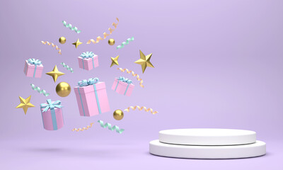 Podium on Gift boxes and golden balls Christmas celebrations on a blue background.