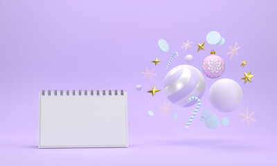 calendar on festive celebrations for christmas and new year party christmas balls ribbons gift boxes on red background.