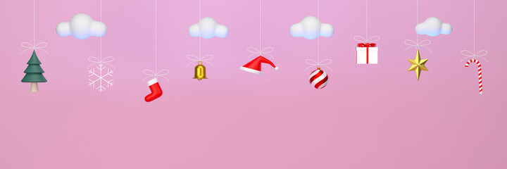 Christmas decorations hanging on a pink sky background