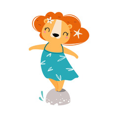 Cute African Lion Animal in Dress Standing on Stone Enjoying Hot Summer Activity Vector Illustration