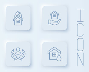 Set line Fire in burning house, House hand, Life insurance and flood. White square button. Vector