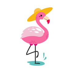 Cute African Pink Flamingo Animal in Straw Hat Enjoying Hot Summer Activity Vector Illustration