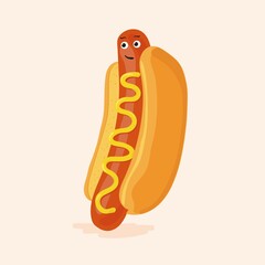 Funny hot dog with sausage between long buns. Cute hotdog with mustard and face on frankfurter. Appetizing fast food character with eyes and brows. Isolated colored flat cartoon vector illustration