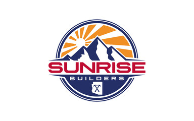 Sunrise with Mountain logo design vector illustration, outdoor adventure.