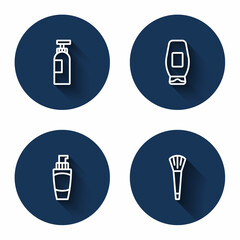 Set line Bottle of shampoo, Tube hand cream and Makeup brush with long shadow. Blue circle button. Vector