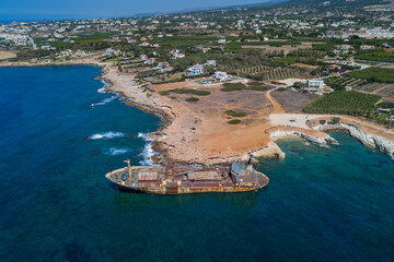 Old ship wreck near coast in Paphos Cyprus - aerial view