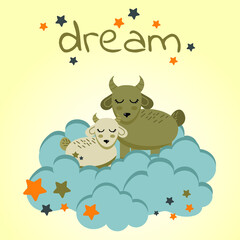  Vector illustration with  animal love. moon, stars, hearts