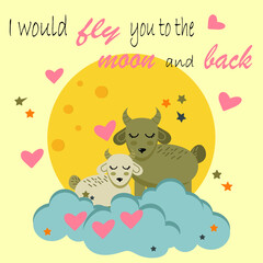  Vector illustration with  animal love. moon, stars, hearts