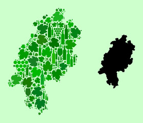 Vector Map of Hesse State. Collage of green grape leaves, wine bottles. Map of Hesse State collage designed with bottles, berries, green leaves.