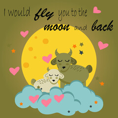 Vector  illustration with  animal love. moon, stars, hearts