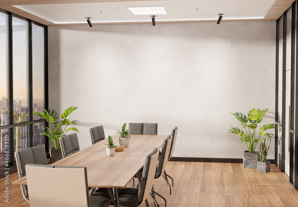 Poster blank wall mockup in bright wooden office with windows and sun passing through. empty company meetin