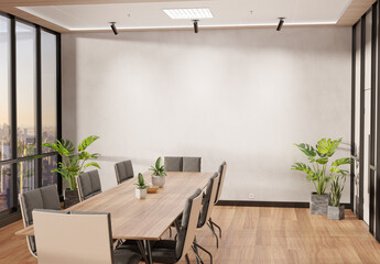 Blank wall Mockup in bright wooden office with windows and sun passing through. Empty company meeting room 3D rendering