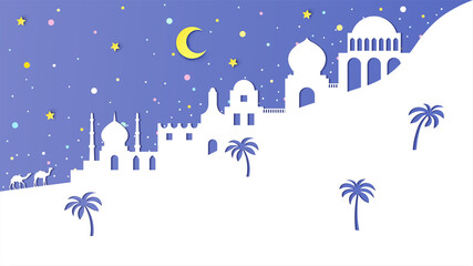 City with mosque on the night of Ramadan Kareem. Scenery of Ramadan Kareem city at night. paper cut and craft style. vector, illustration.