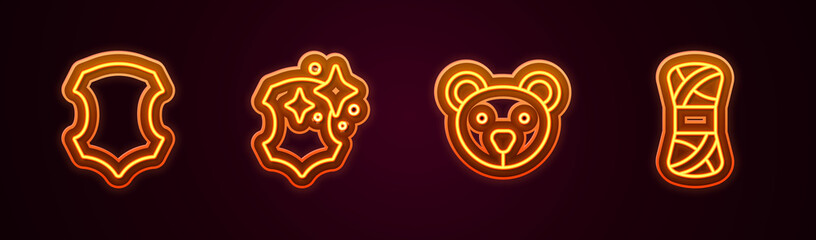 Set line Leather, Teddy bear plush toy and Yarn. Glowing neon icon. Vector