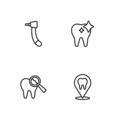 Set line Dental clinic location, Broken tooth, Tooth drill and whitening icon. Vector