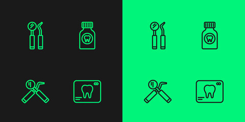 Set line X-ray of tooth, Dental mirror and probe, and Toothache painkiller tablet icon. Vector