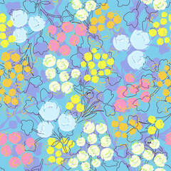 Abstract floral seamless pattern. Multicolored hand drawn vector illustration. Acid colored psychedelic flowers