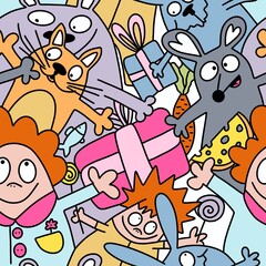 Doodle kids seamless pattern with animals and people for packaging and fabrics 