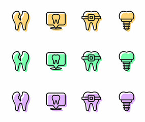 Set line Teeth with braces, Broken tooth, Dental clinic location and implant icon. Vector