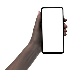 Afro woman hand holding the black new smartphone with blank screen isolated white background. hands...