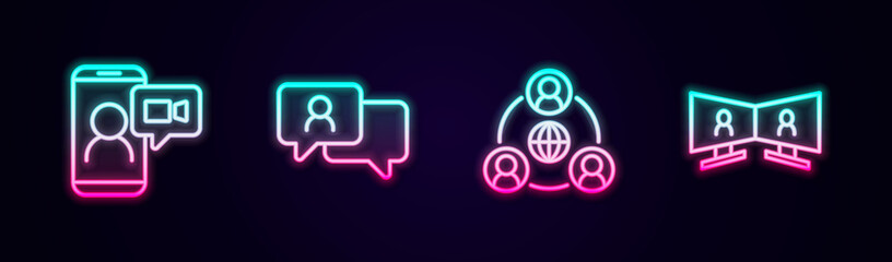Set line Video chat conference, Speech bubble, Meeting and . Glowing neon icon. Vector