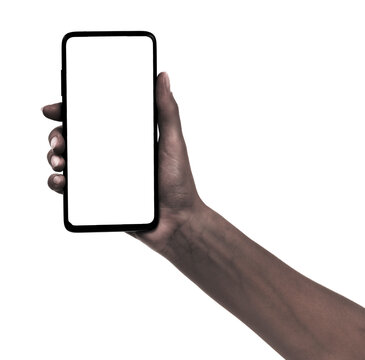 Afro Woman Hand Holding The Black New Smartphone With Blank Screen Isolated White Background. Hands Using Phone Clipping Path