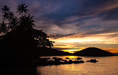 Beautiful sunset over koh Mak tropical island and its beach, near koh Chang, Trat, Thailand