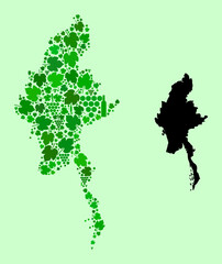 Vector Map of Myanmar. Composition of green grape leaves, wine bottles. Map of Myanmar collage designed with bottles, grapes, green leaves. Abstract collage is useful for wine production projects.
