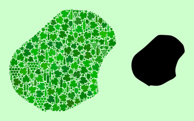 Vector Map of Nauru. Mosaic of green grape leaves, wine bottles. Map of Nauru collage designed with bottles, grapes, green leaves. Abstract collage designed for marketing illustrations.
