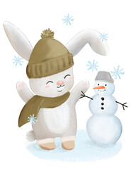 Cute bunny and snowman illustration with falling snowflakes