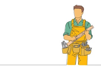 Single continuous line drawing of young handyman wearing building construction uniform while holding spirit level. Craftsman home repair service concept. One line draw design illustration