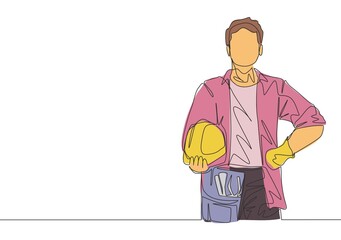One single line drawing of young craftsman wearing building construction uniform while holding helmet. Handyman house renovation service concept. Continuous line draw design illustration