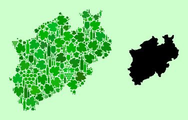 Vector Map of North Rhine-Westphalia State. Collage of green grape leaves, wine bottles. Map of North Rhine-Westphalia State collage created with bottles, berries, green leaves.