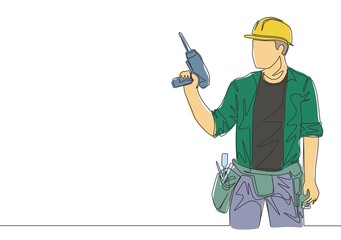 One single line drawing of young handyman wearing uniform while holding drill machine. Repairman construction maintenance service concept. Continuous line draw design illustration