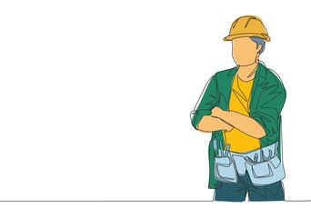 One continuous line drawing of young construction builder wearing uniform, tools belt and helmet while crossing his hands. Craftsman home repair service concept. Single line draw design illustration