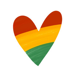 Hand drawn with brush artistic grunge textured heart in colors of Pan African flag - red, yellow, green. African American flag for Kwanzaa, Juneteenth, Black History month design