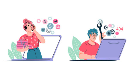 Online shop customers support services banners set. Technical assistance and 24h hotline with clients of internet store or website, flat cartoon vector illustration isolated on white background.